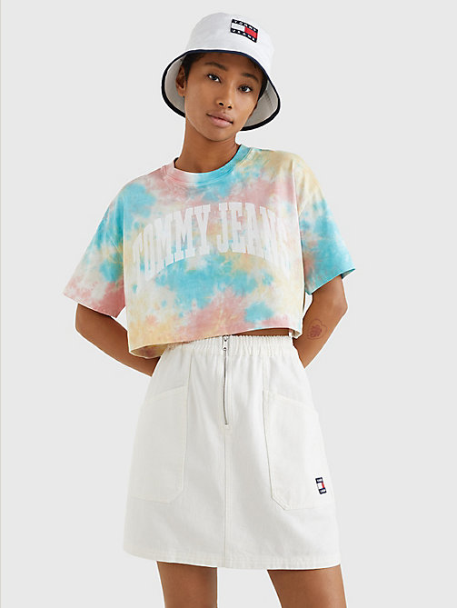 white tie-dye oversized cropped t-shirt for women tommy jeans