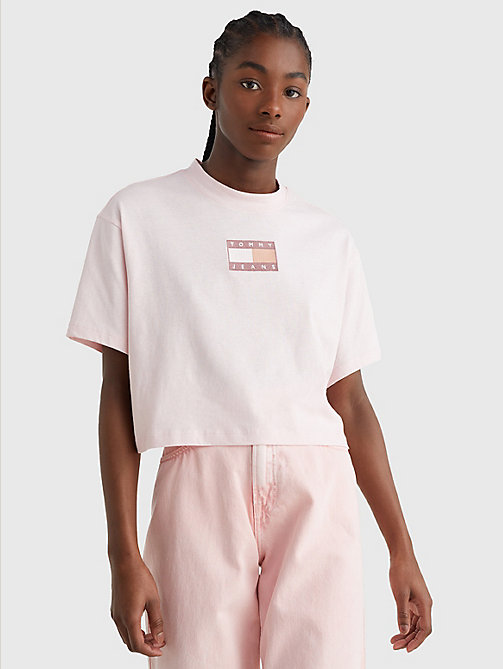 t-shirt crop con logo tono su tono rosa da women tommy jeans