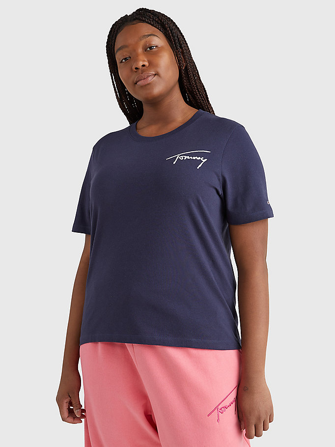 blauw curve signature t-shirt voor dames - tommy jeans
