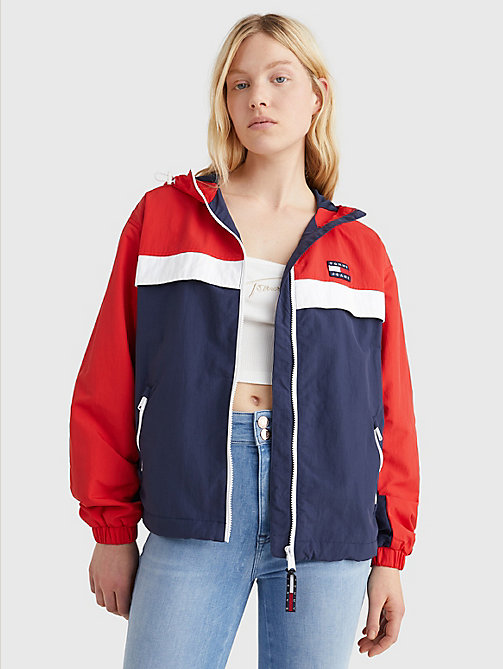 blue colour-blocked chicago windbreaker for women tommy jeans