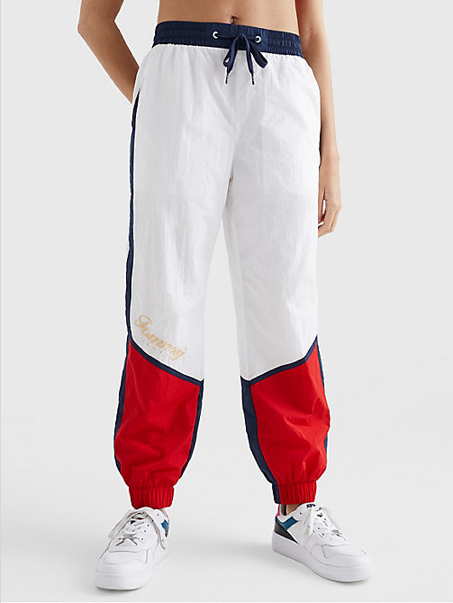 white colour-blocked woven joggers for women tommy jeans