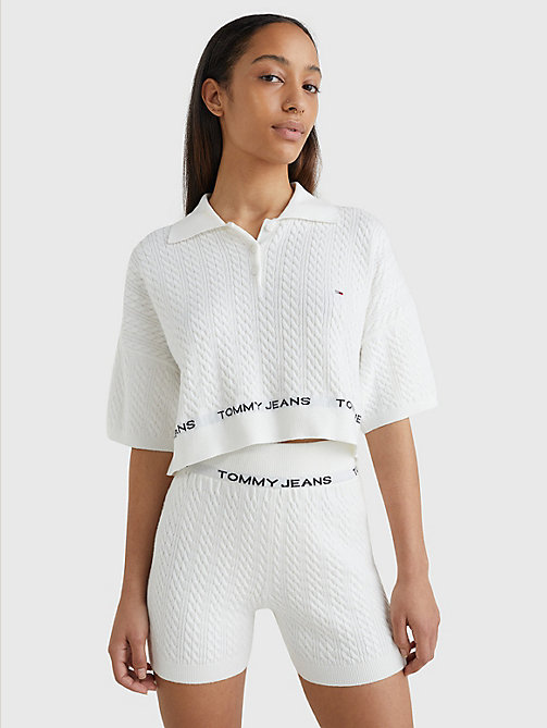 white cable knit polo collar cropped jumper for women tommy jeans