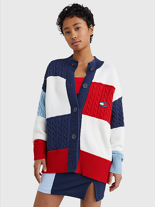 white colour-blocked mixed knit oversized cardigan for women tommy jeans