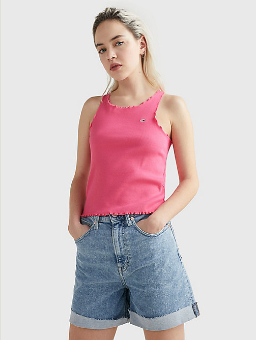 pink lettuce trim skinny fit tank top for women tommy jeans