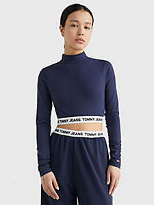 blue long sleeve high neck crop top for women tommy jeans