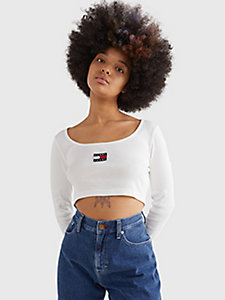 white badge long sleeve crop top for women tommy jeans