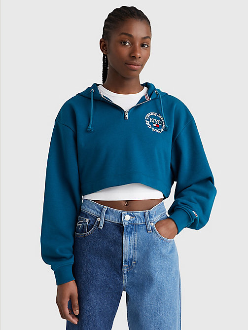 sudadera super cropped con capucha y logo azul de mujer tommy jeans
