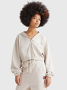 beige logo cropped zip-thru hoody for women tommy jeans