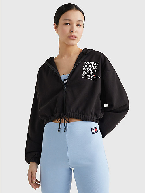 black logo cropped zip-thru hoody for women tommy jeans