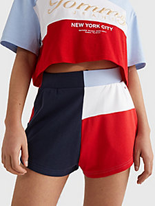 blue colour-blocked shorts for women tommy jeans