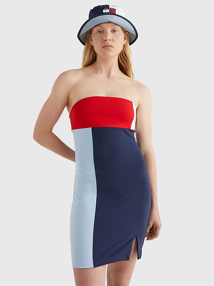 blauw colour-blocked strapless bodycon-jurk voor dames - tommy jeans