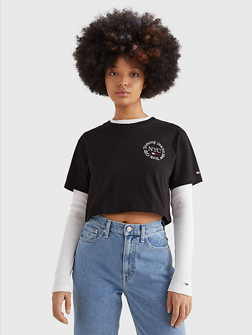 zwart cropped t-shirt met geborduurde cirkellogo's voor dames - tommy jeans