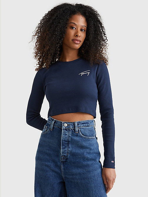 blau cropped fit langarmshirt mit signatur-logo für damen - tommy jeans