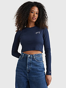 blue signature long sleeve cropped t-shirt for women tommy jeans