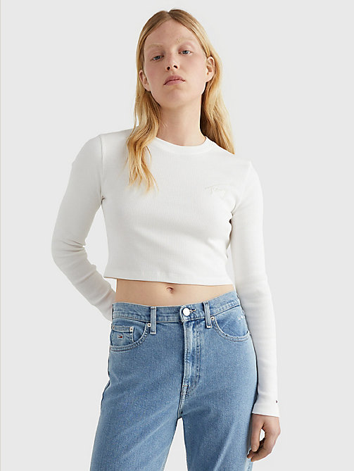 white signature long sleeve cropped t-shirt for women tommy jeans