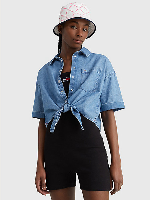 denim woven chambray front knot shirt for women tommy jeans