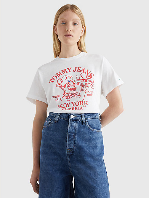 белый футболка свободного кроя с принтом pizza для женщины - tommy jeans