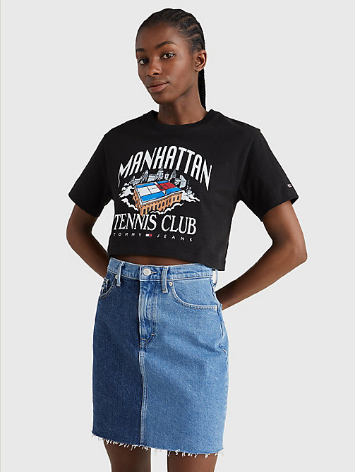 zwart cropped t-shirt met logo voor dames - tommy jeans