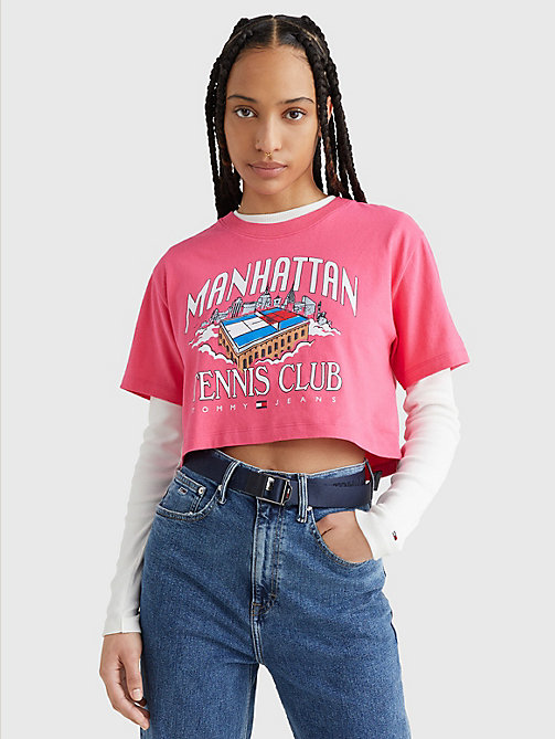 t-shirt court à logo rose pour femmes tommy jeans