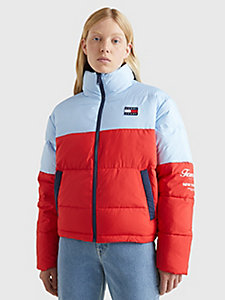red archive modern colour-blocked puffer jacket for women tommy jeans