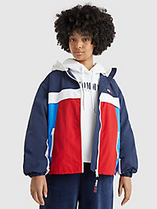 blue colour-blocked recycled chicago windbreaker for women tommy jeans