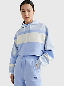 blue tonal logo colour-blocked cropped hoody for women tommy jeans