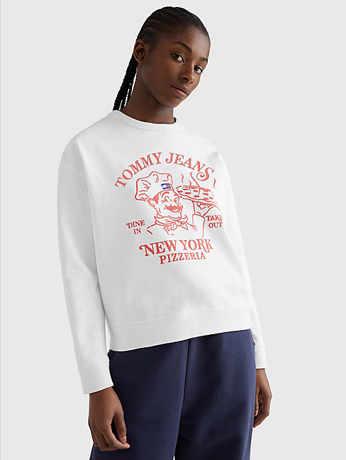 weiß boxy fit sweatshirt mit pizza-print für damen - tommy jeans