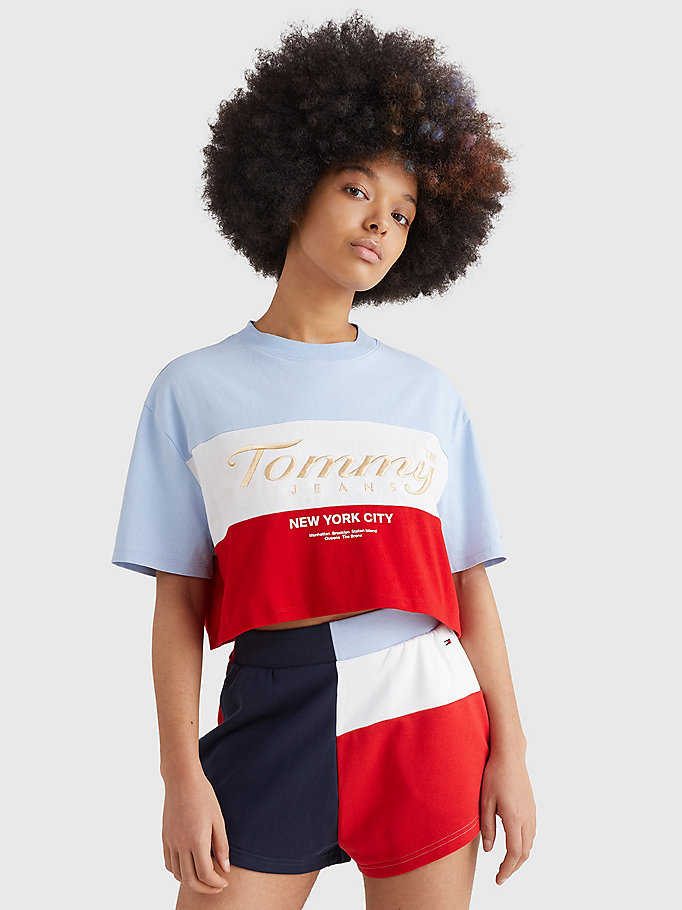 blauw archive oversized cropped t-shirt voor dames - tommy jeans