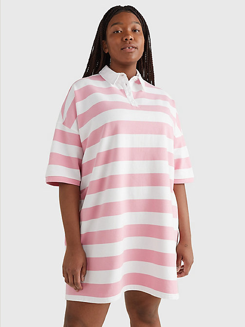 pink curve stripe terry rugby polo dress for women tommy jeans