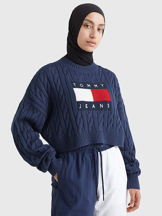 blue boxy cable knit jumper for women tommy jeans
