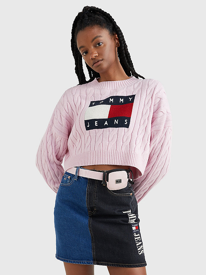 roze kabelgebreide boxy trui voor dames - tommy jeans