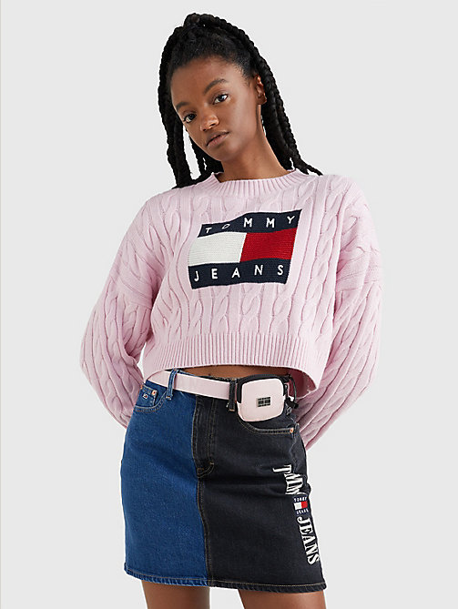 pink boxy cable knit jumper for women tommy jeans