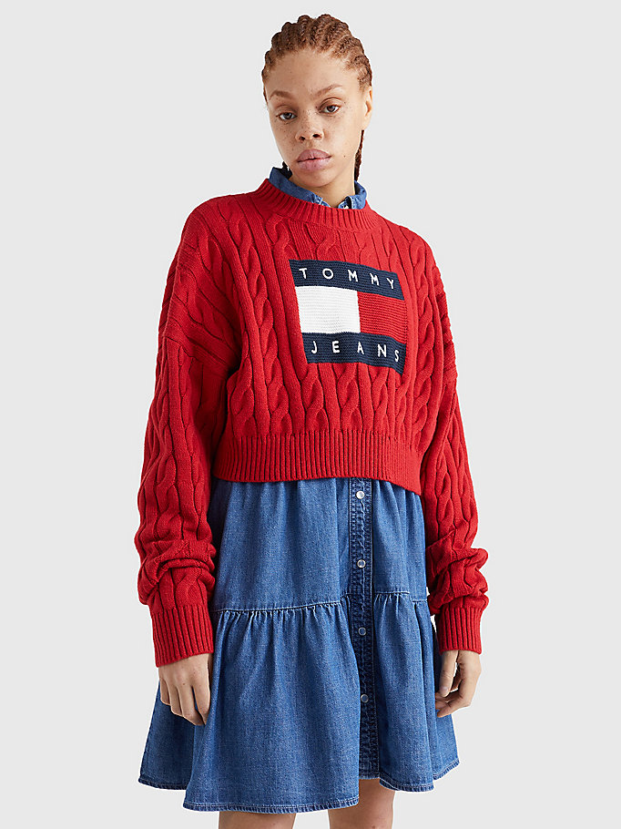 rood kabelgebreide boxy trui voor dames - tommy jeans