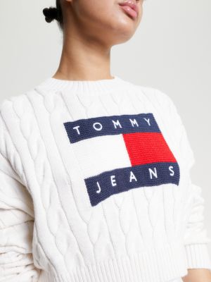 Miljard Beide Groenland Kabelgebreide cropped trui met vlag | WIT | Tommy Hilfiger