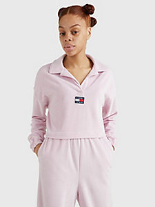 pink badge velour cropped long-sleeved polo for women tommy jeans
