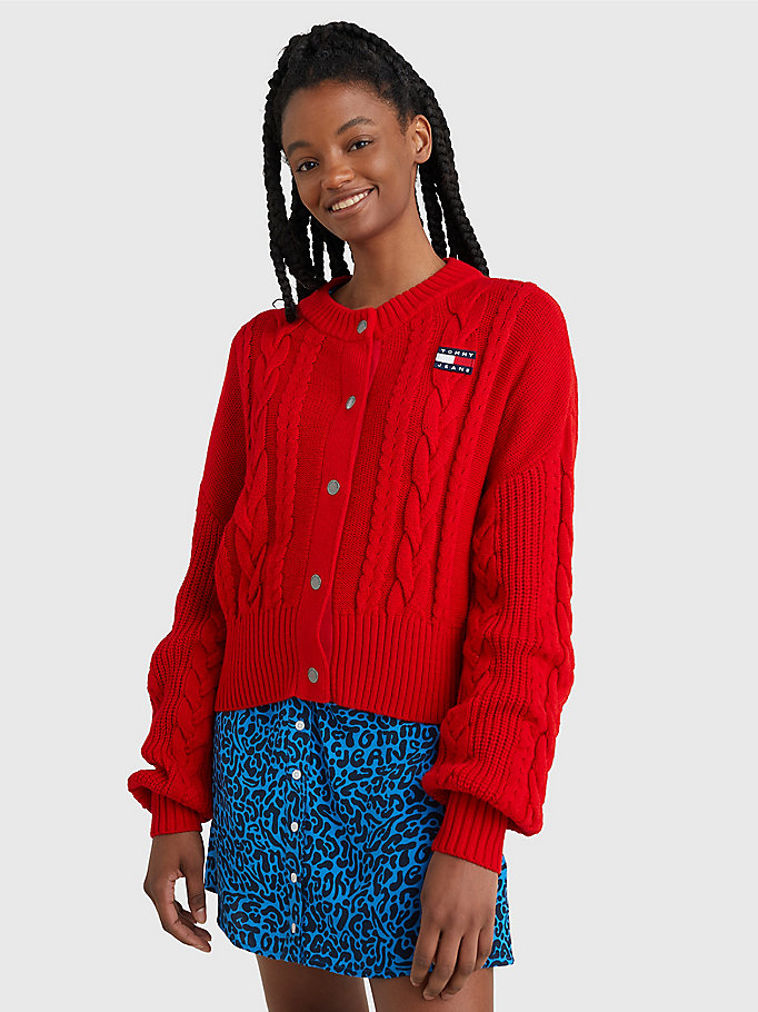 Badge Oversized Cable Knit Cardigan | RED | Tommy Hilfiger