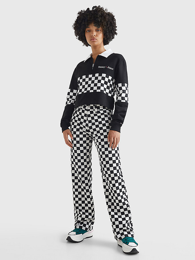 black checkerboard cropped cotton long sleeve polo for women tommy jeans