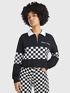 black checkerboard cropped cotton long sleeve polo for women tommy jeans