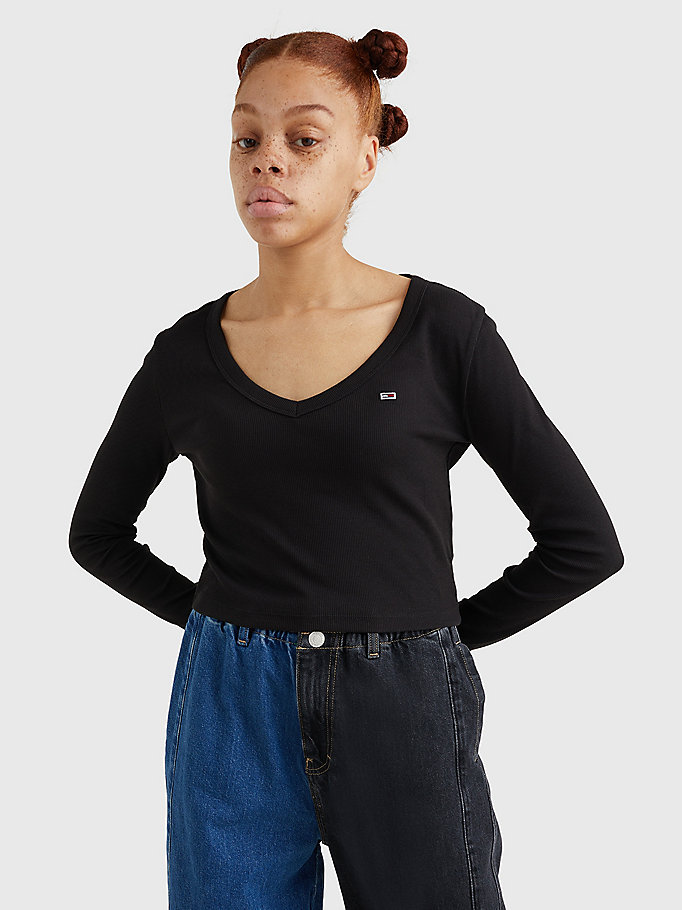 zwart ribgebreide longsleeve met v-hals voor dames - tommy jeans