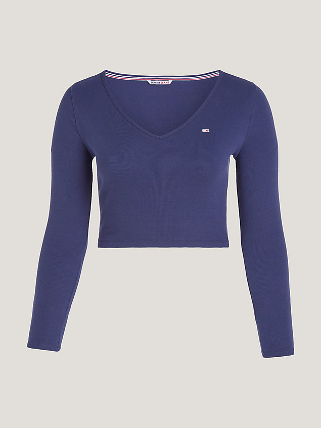 blue essential geribd cropped longsleeve t-shirt voor dames - tommy jeans