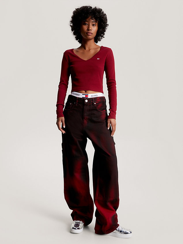 red essential geripptes cropped fit langarmshirt für damen - tommy jeans
