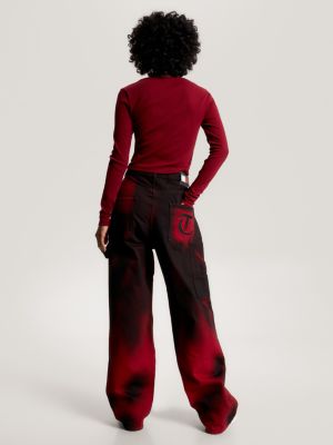red essential cropped ribbed long sleeve t-shirt for women tommy jeans