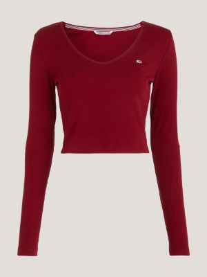 Essential Long Hilfiger | T-Shirt Tommy Sleeve | Cropped Ribbed Red