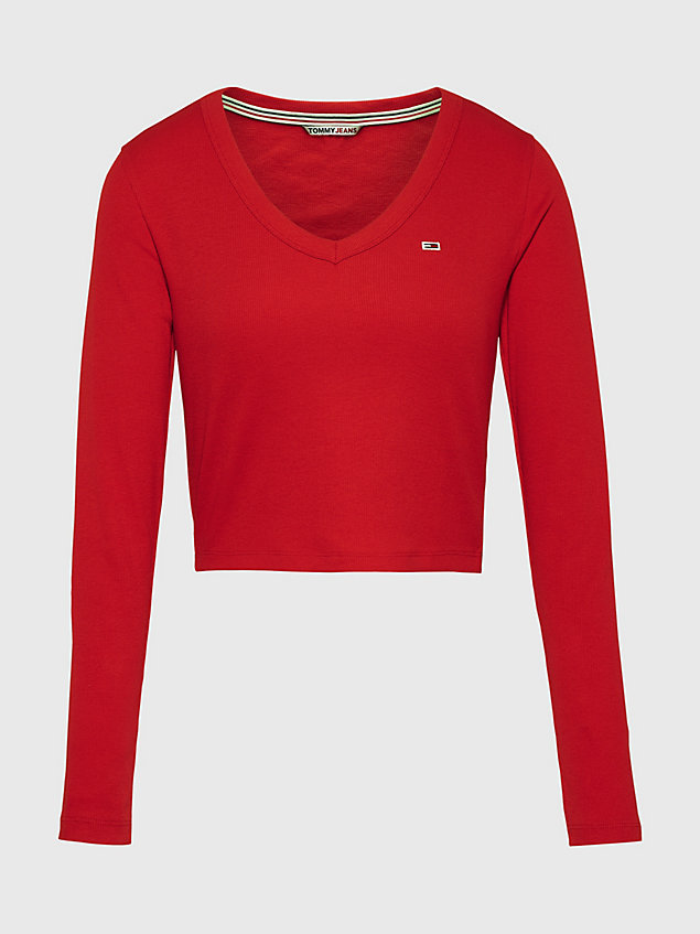 red essential cropped ribbed long sleeve t-shirt for women tommy jeans