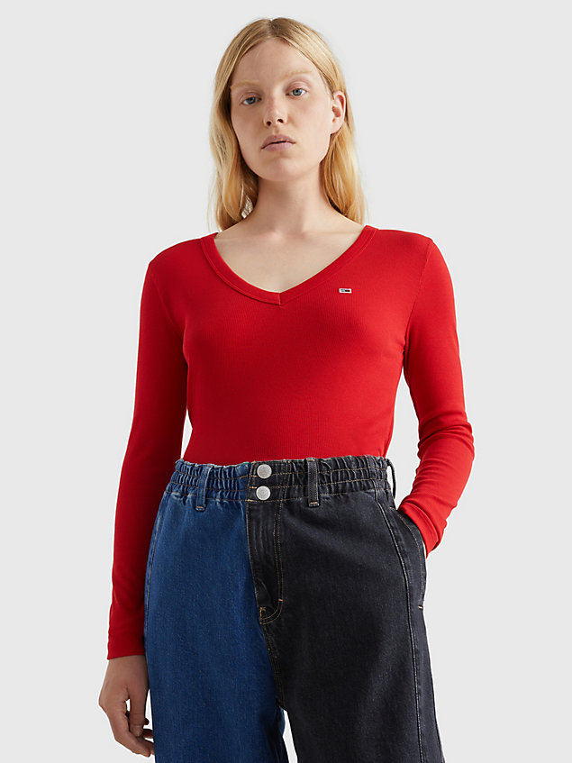 red essential geribd cropped longsleeve t-shirt voor dames - tommy jeans