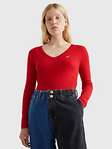 crop top essential côtelé à manches longues rouge pour femmes tommy jeans