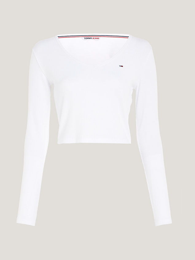 white essential geribd cropped longsleeve t-shirt voor dames - tommy jeans