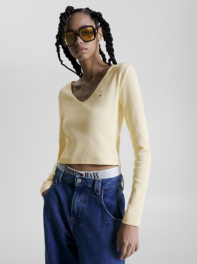 yellow essential geripptes cropped fit langarmshirt für damen - tommy jeans