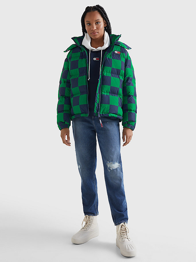 green checkerboard alaska puffer jacket for women tommy jeans