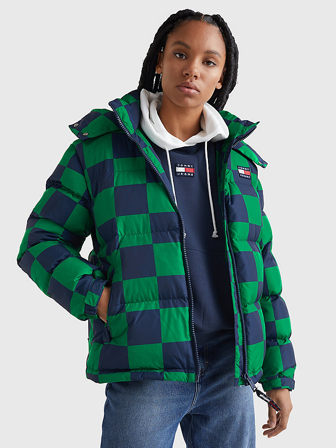 green checkerboard alaska puffer jacket for women tommy jeans